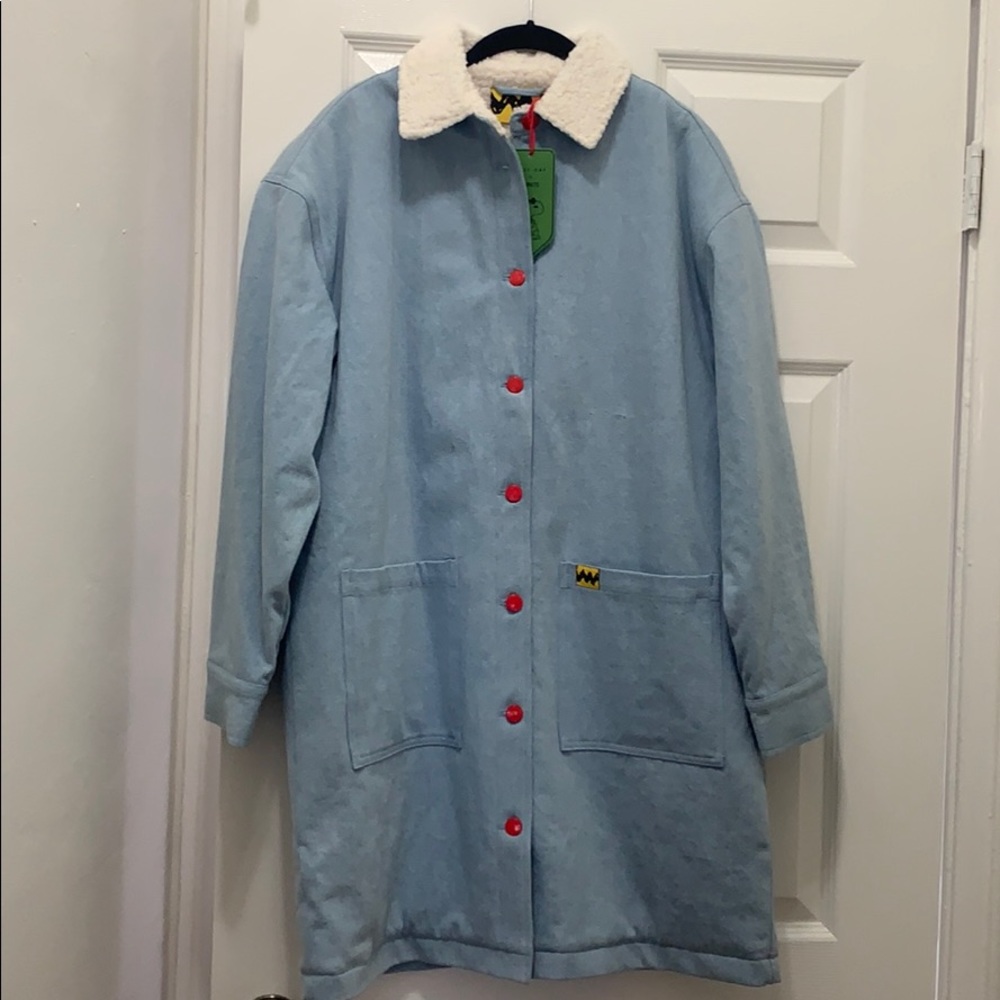 NWT LAZY OAF x PEANUT LONG SHEARLING DENIM JACKET